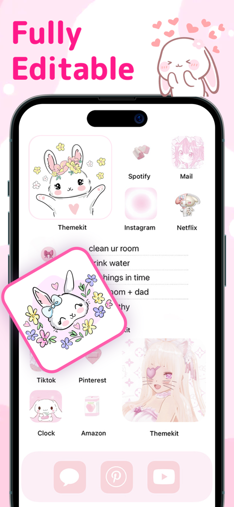 LockWidget: Lock Screen,Themes - Customizable iPhone home screen featuring a cute pink bunny aesthetic theme with editable widgets and icons.