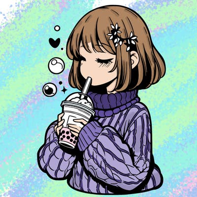 manga girl drinking boba in cozy sweater