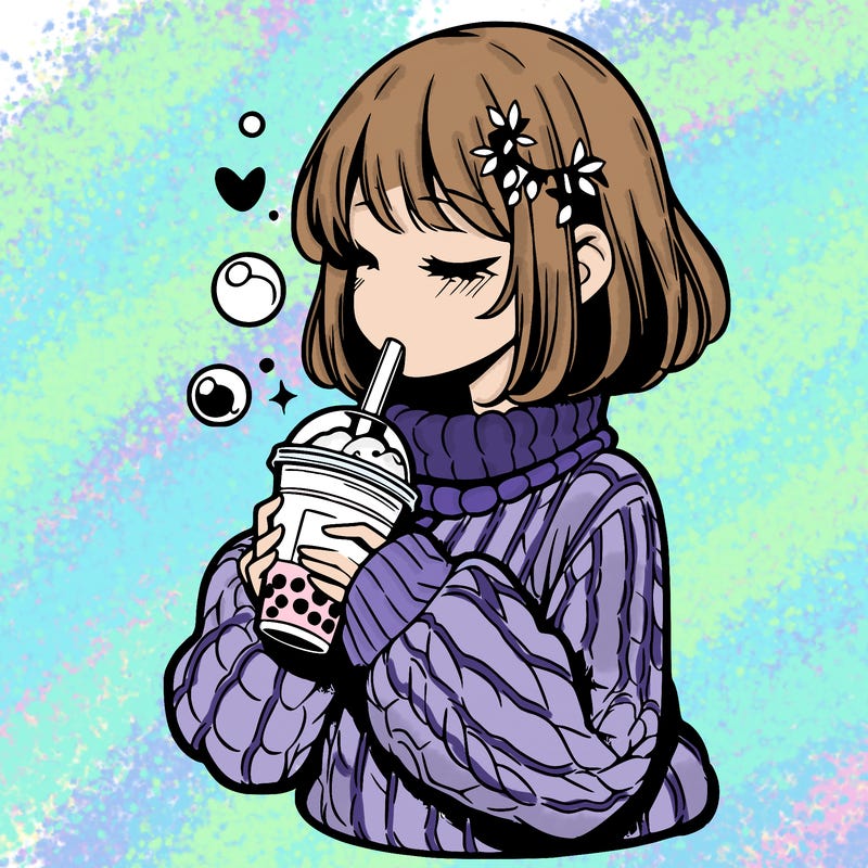 manga girl drinking boba in cozy sweater