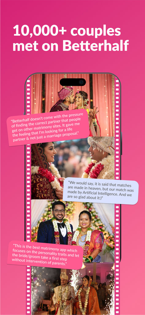 Betterhalf: Matrimony App - A screen from the Betterhalf matrimony app featuring wedding photos and testimonials from successful couples