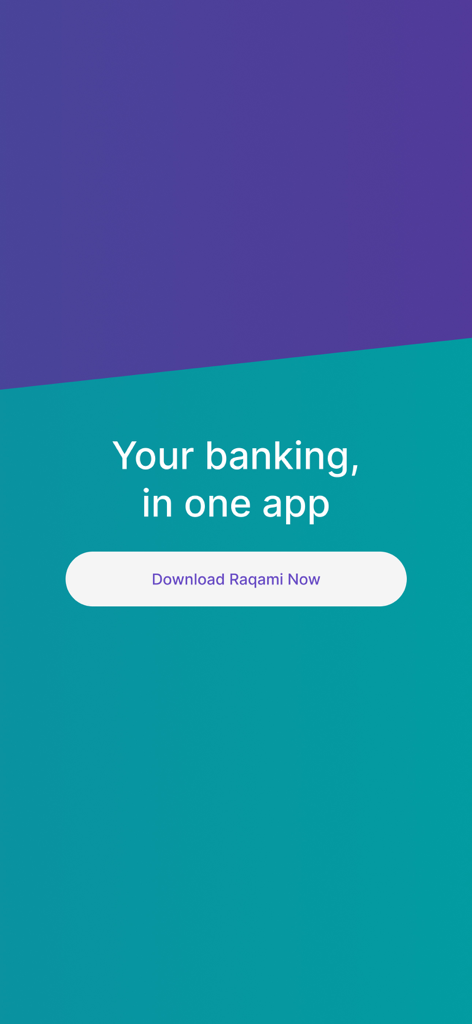 Raqami Islamic Digital Bank app landing screen with text Your banking in one app and a download button.