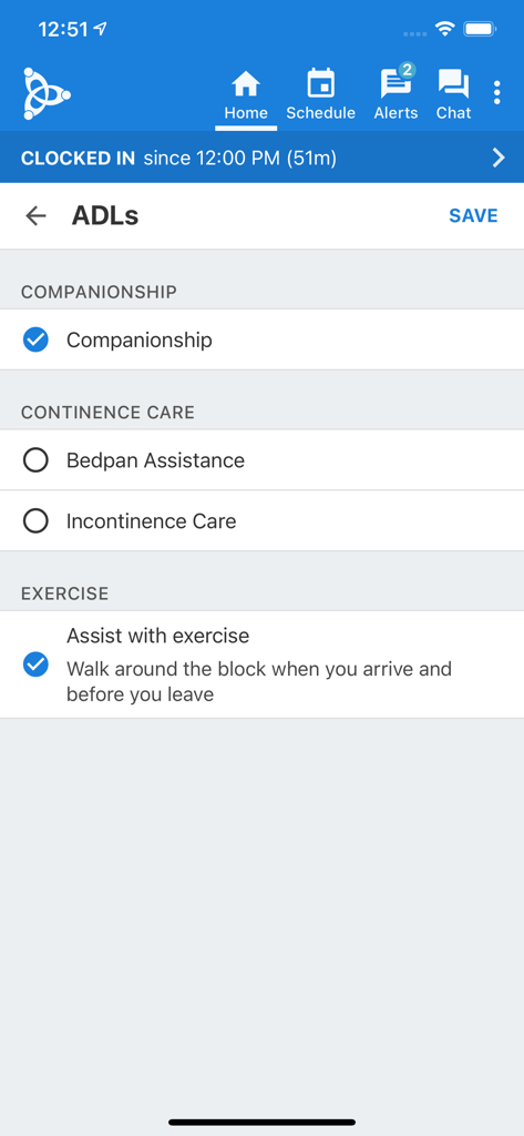 Checklist of daily living activities for caregivers including companionship and exercise tasks