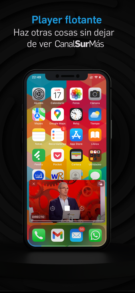 A smartphone screen demonstrating the floating player feature of CanalSur Mas allowing users to multitask while watching video content.