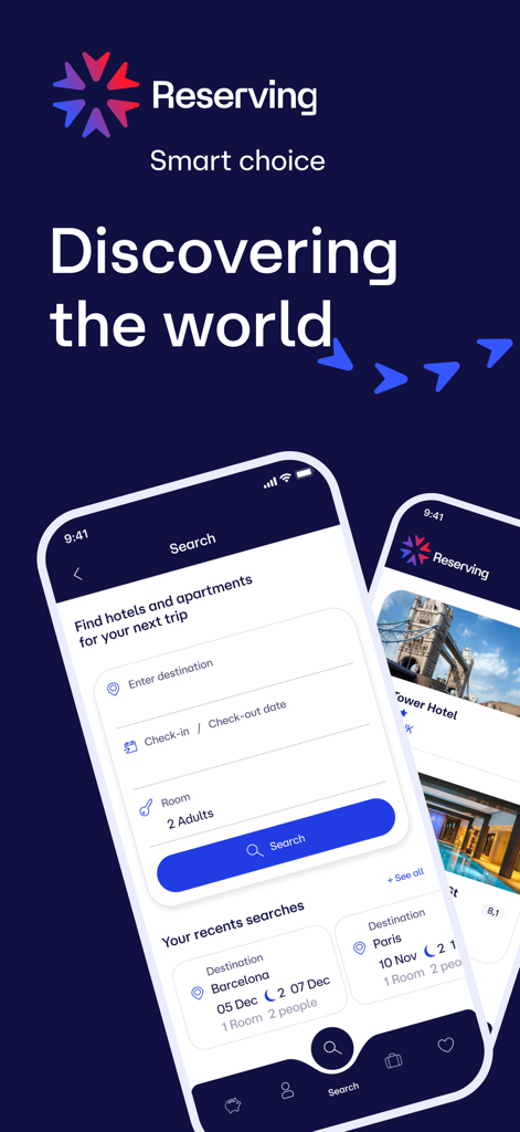Reserving - Interface mobile de l'application Reserving présentant un formulaire de recherche d'hôtels et d'appartements avec un historique de recherche récent pour Barcelone et Paris.