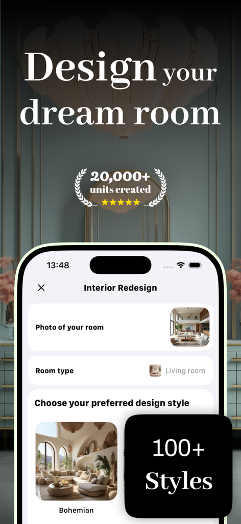 Home AI Interior Design - Homi - Home AI Interior Design app interface showing room redesign options and bohemian style selection