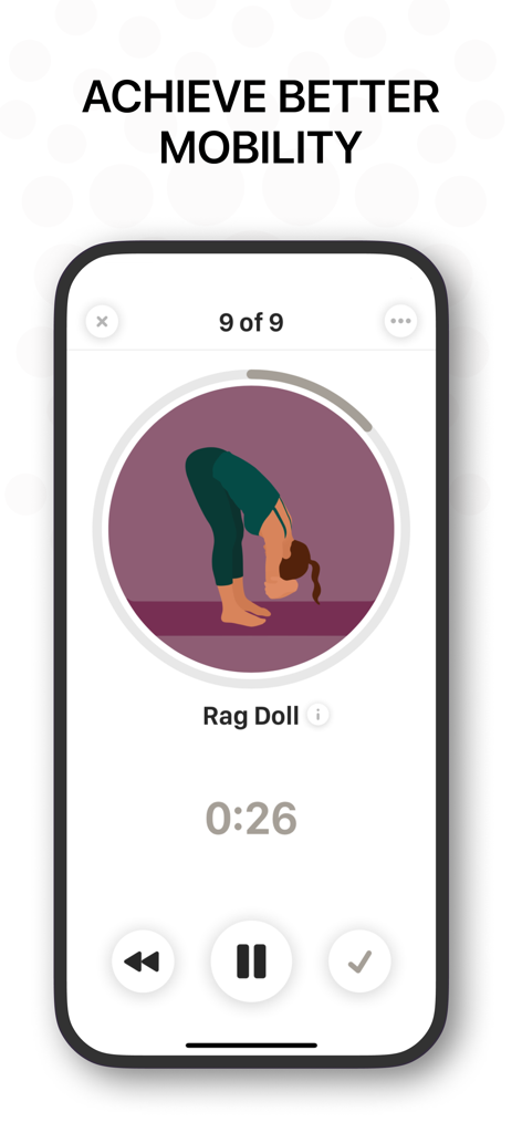 Bend: Stretching & Flexibility - Interfaz de la app Bend que muestra una ilustración de estiramiento "Muñeco de Trapo" para mejorar la movilidad