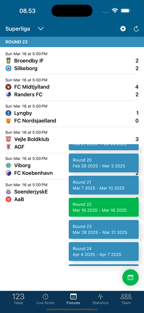 Danish Superliga match fixtures and results screen in the Football DK app