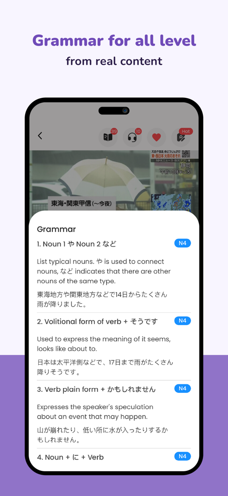 Lecciones de gramática japonesa a partir de contenido de noticias reales para estudiantes de JLPT N4