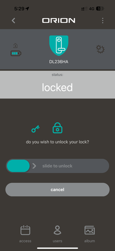 Interface of the Grid Connect app showing a smart lock status as locked with a slider to unlock.