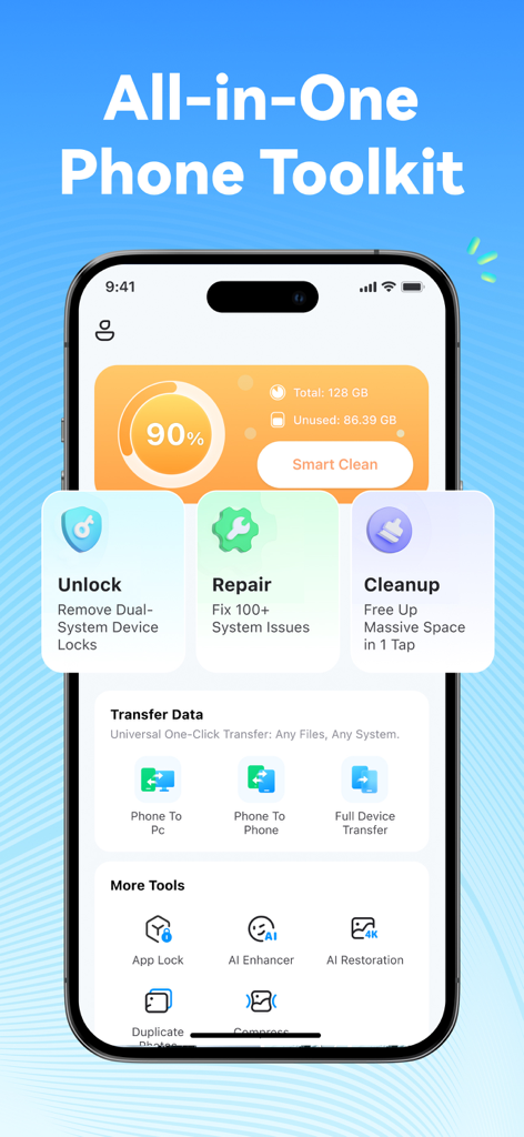 Dr.Fone: Phone Unlock & Rescue - Dr.Fone app dashboard featuring phone unlock, system repair, cleanup, and data transfer tools