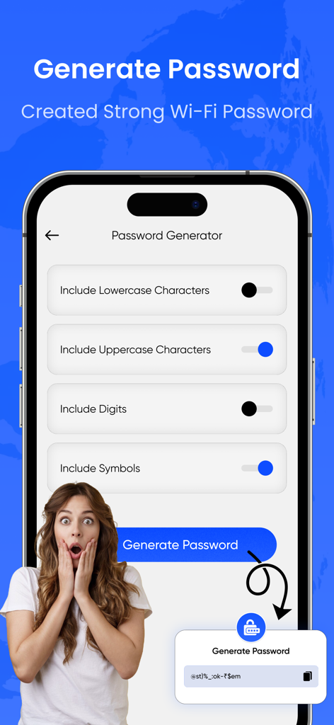 Smartphone screen displaying a wifi password generator with security options
