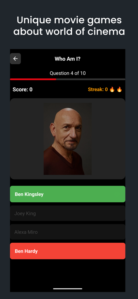 MisPelis - MyMovies - Movie trivia quiz game screen in MisPelis app featuring Ben Kingsley