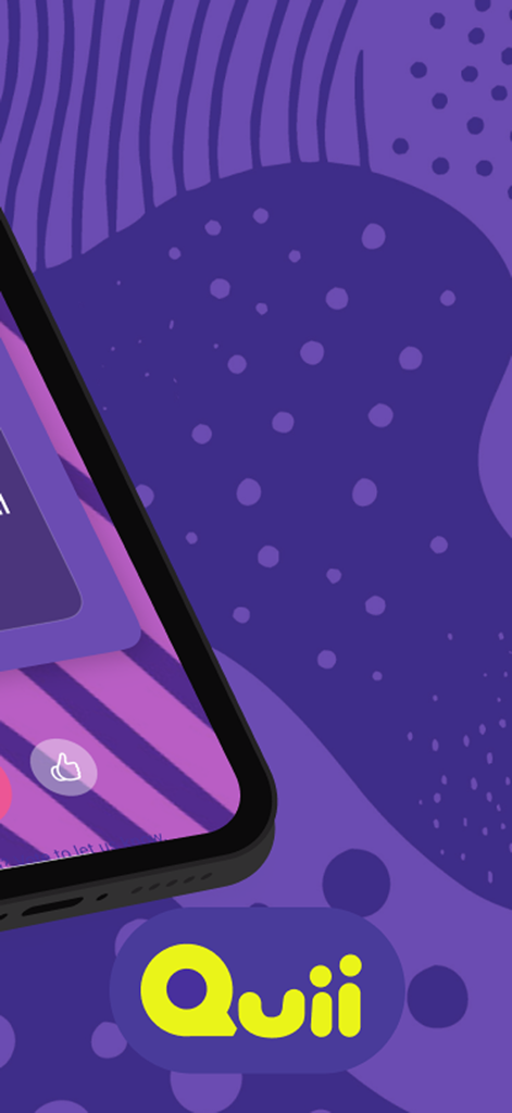 Quii - Quii app logo on a vibrant purple background with abstract social game patterns