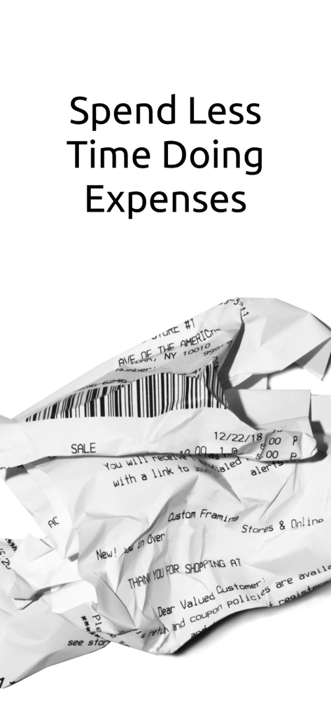 Reçu papier froissé avec le texte « Passez moins de temps à gérer vos dépenses », représentant le suivi manuel des dépenses pour l'application Jenji.