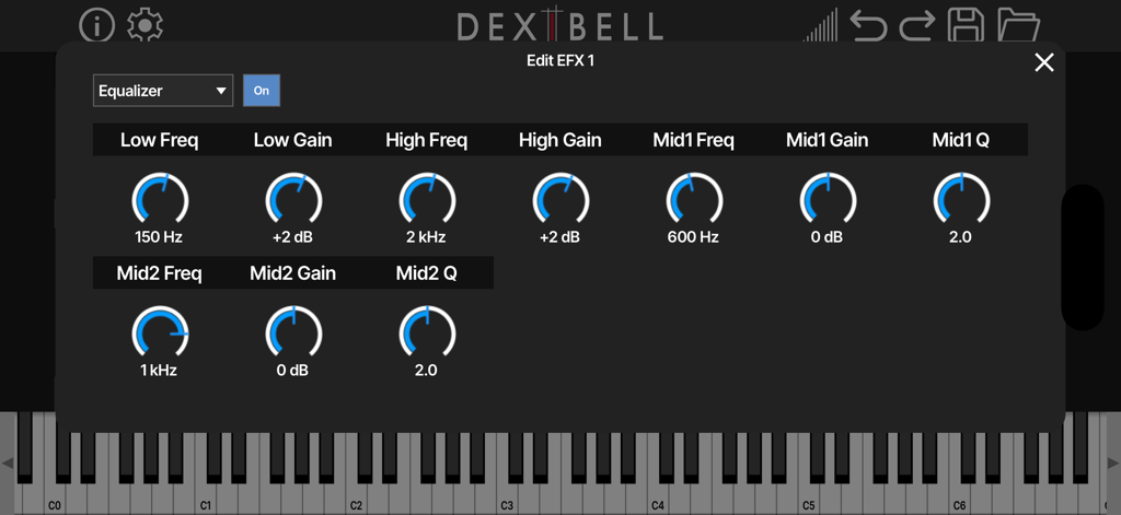 T2L Piano - Equalizer settings interface in the T2L Piano app showing frequency and gain adjustment knobs