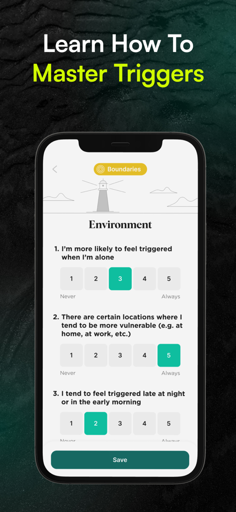Relay app interface showing a questionnaire for identifying and mastering behavioral triggers