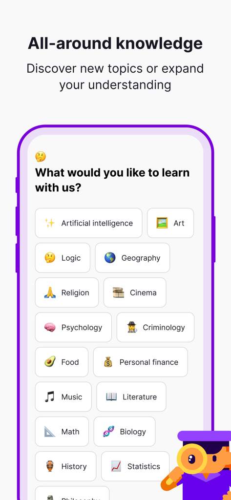 Nibble: Your Bite of Knowledge - Un'interfaccia mobile dall'app Nibble che mostra una selezione diversificata di argomenti educativi tra cui Intelligenza Artificiale, Arte e Finanza Personale.