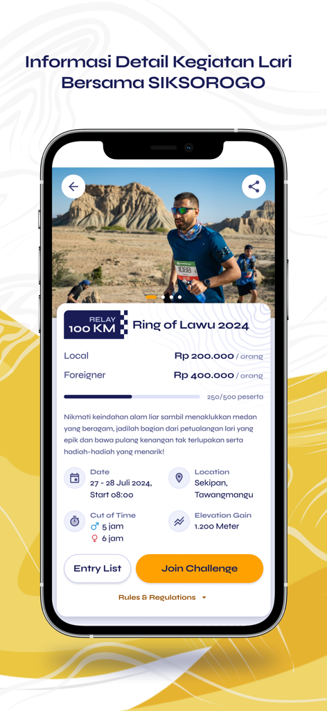 SIKSOROGO - Siksorogo mobile app showing race information and registration for a 100km relay trail run