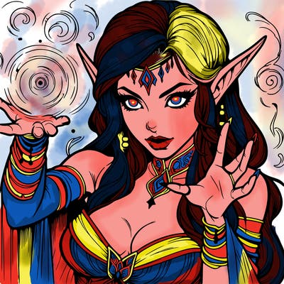 realistic scary beautiful elf sorceress casting spell