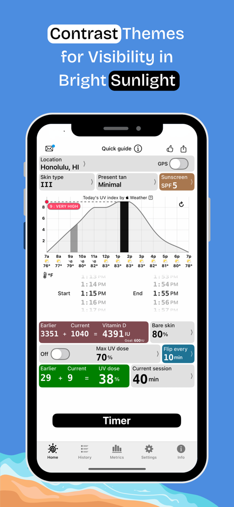 Sola: UV Index & Sun Exposure - Sola app interface showing a high-contrast theme for sunlight visibility with UV index tracking and sun exposure metrics