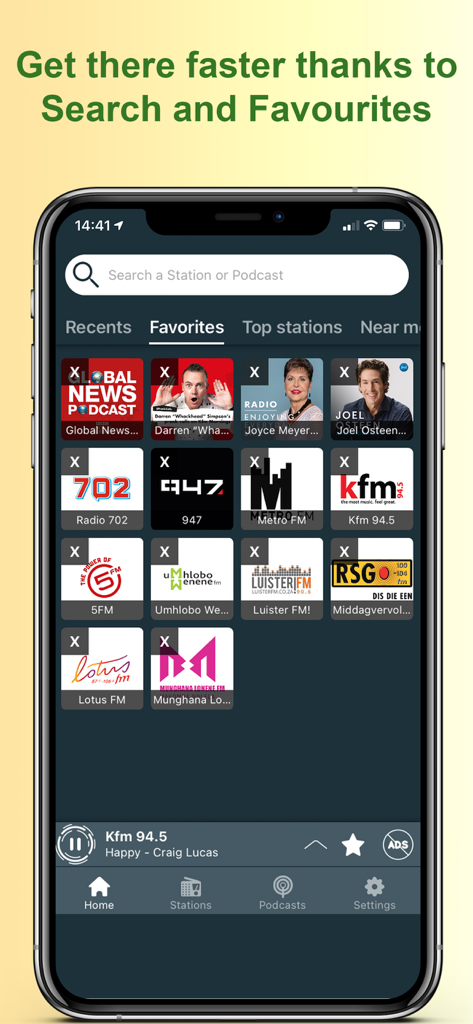 Interface of Radio South Africa app showing a list of favorite radio stations and a search bar.