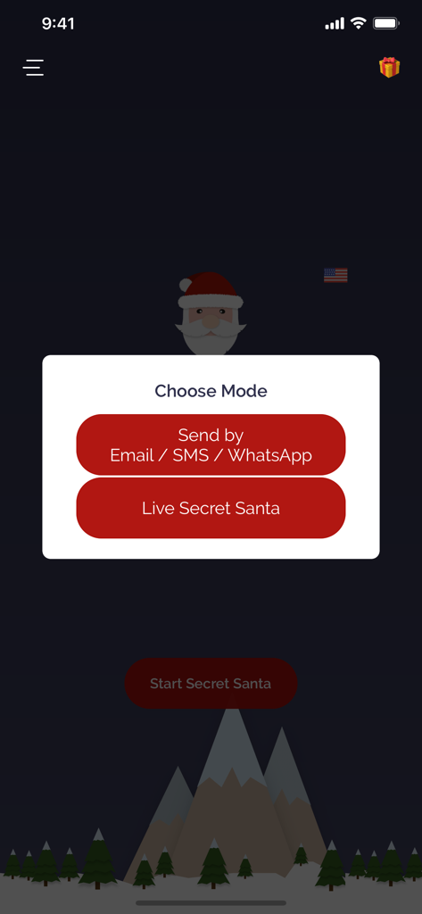 Interface of the Secret Santa app showing options to send draw results via messaging apps or conduct a live local draw.