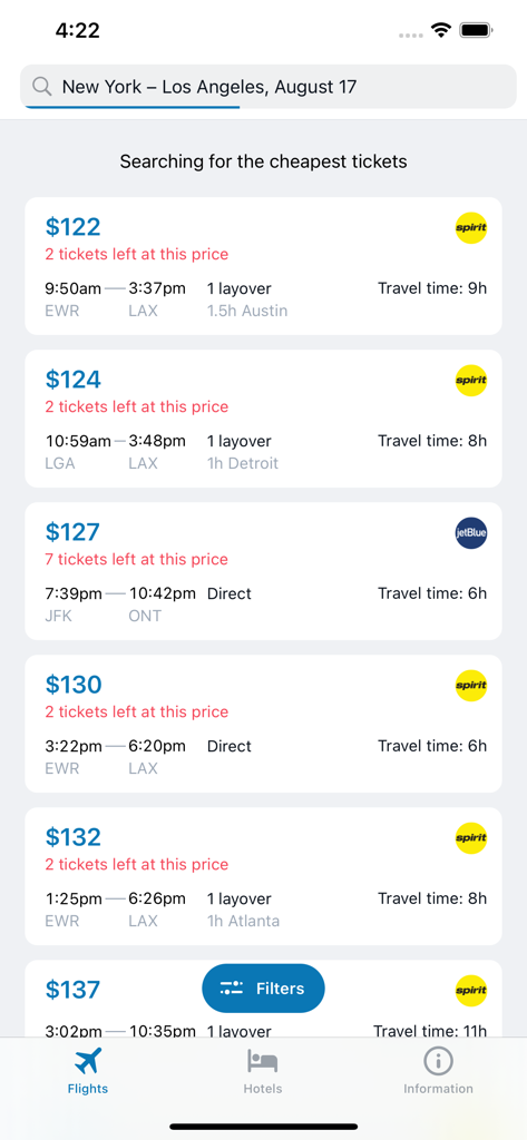 Cheap Flights online - Mobile app screen showing cheap flight search results from New York to Los Angeles