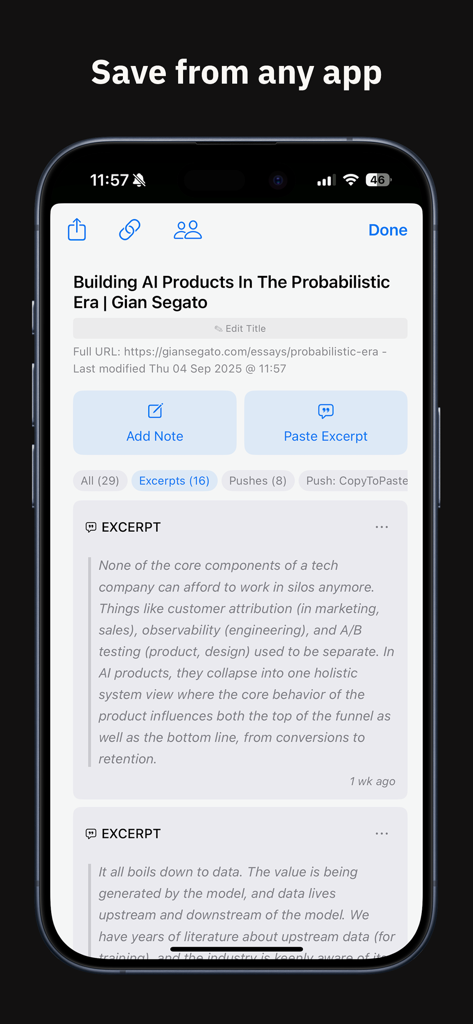 Interfaz de la aplicación Subset Network que muestra un artículo guardado con opciones para agregar notas y ver fragmentos pegados.