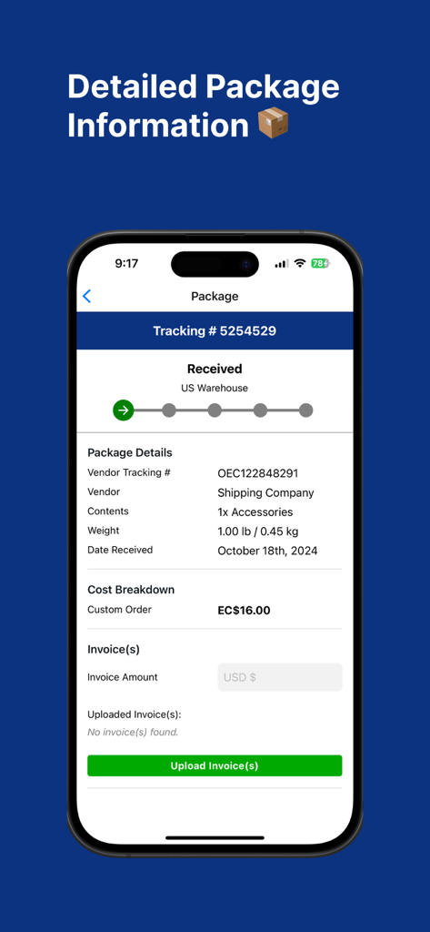 West Tech Shipping - West Tech Shipping app interface showing package tracking details and cost breakdown