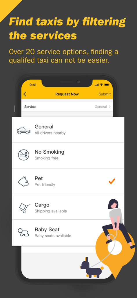 FindTaxi - FindTaxi app interface showing taxi booking filters like pet friendly and no smoking.