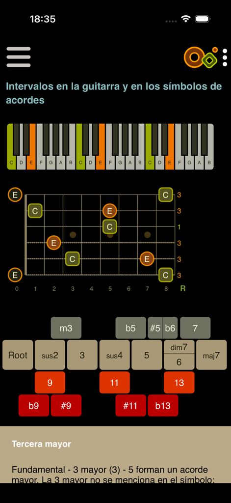 Interactive music theory lesson in Oolimo showing musical intervals on a guitar fretboard and piano keyboard