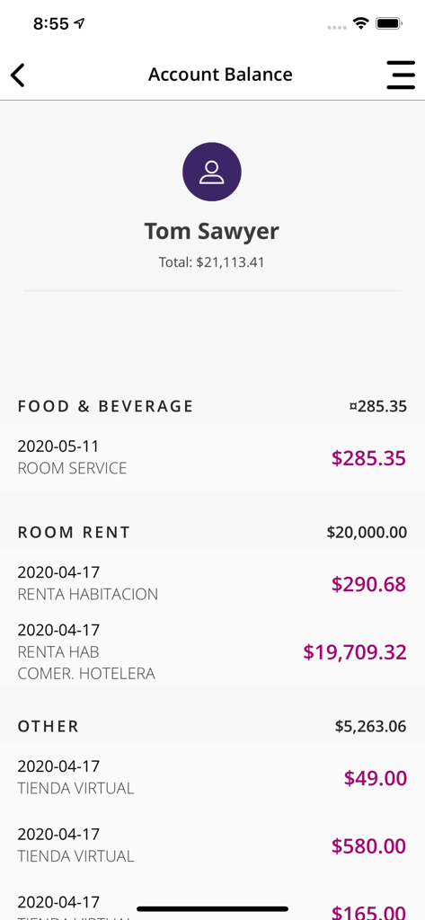 Park Royal Hotels & Resorts - Mobile app interface displaying the account balance and transaction history for a guest at Park Royal Hotels and Resorts