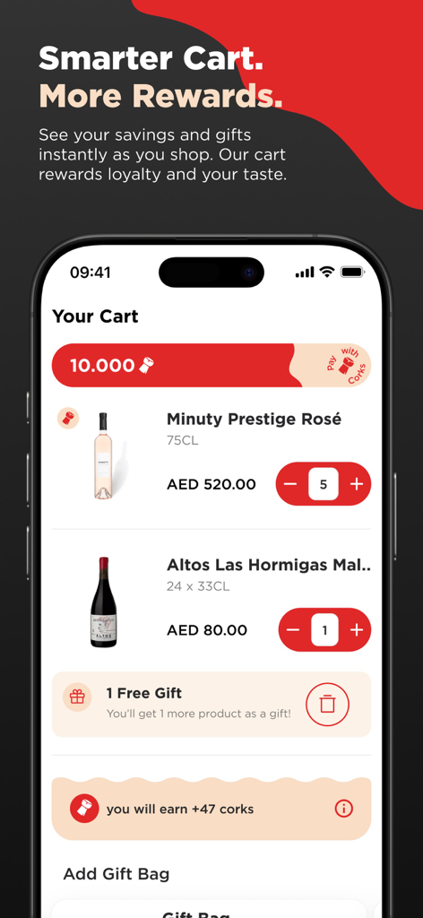 MMI Cheers Club app shopping cart screen showing wine bottles and corks rewards