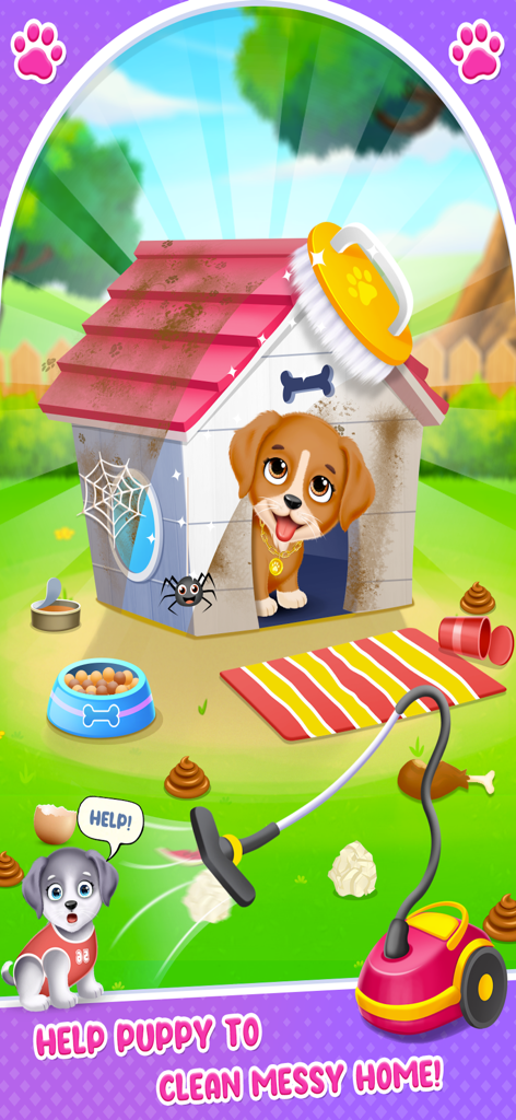 Labrador Puppy Care - A screen from the Labrador Puppy Care game showing a puppy in a dirty doghouse needing cleaning with a vacuum