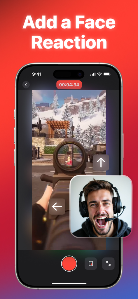 Screen Recorder HQ - Screen Recorder HQ interface showing a gamer with headphones in a facecam overlay reacting to mobile gameplay
