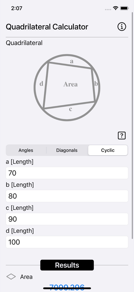 Quadrilateral Calculator app interface showing cyclic calculation mode with input fields for four side lengths and a reference geometric diagram