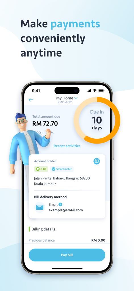Air Selangor 2.0 App-Oberfläche mit Rechnungszahlungsdetails und fälligem Betrag