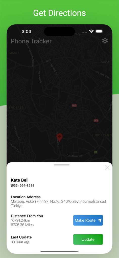 Phone Tracker: Find Location - Interface of the Phone Tracker app showing a contact location address and distance with a make route button