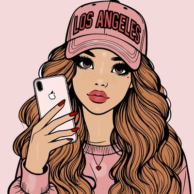 realistic beautiful girl wearing los ángeles cap holding an iphone