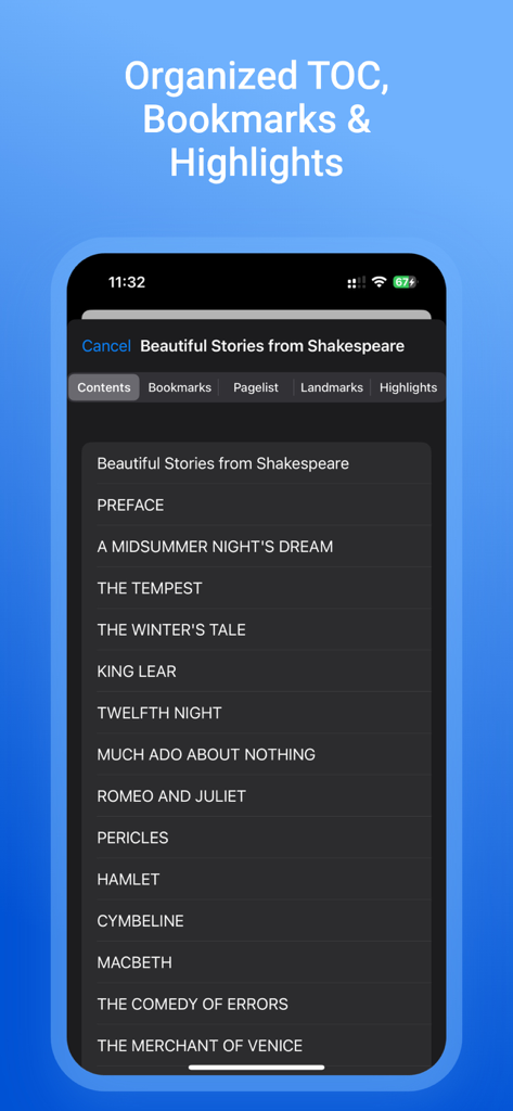 Novels Stories & Books Reader - A mobile app screen showing an organized table of contents for Beautiful Stories from Shakespeare with tabs for bookmarks and highlights.