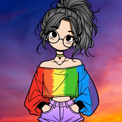 girl with a messy ponytail glasses a baggy crop top and jean shorts