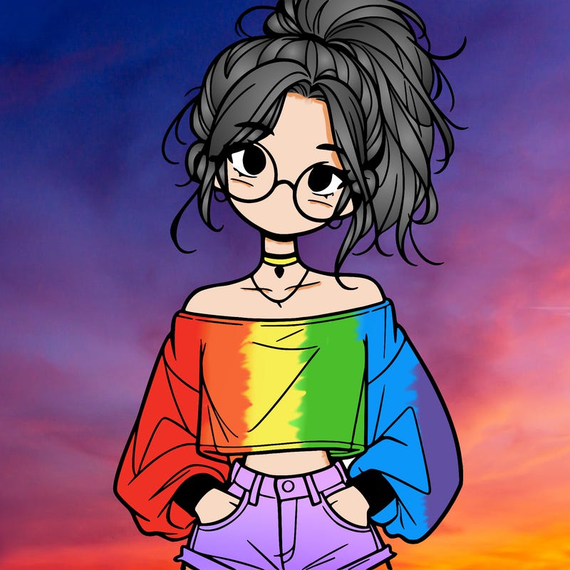 girl with a messy ponytail glasses a baggy crop top and jean shorts