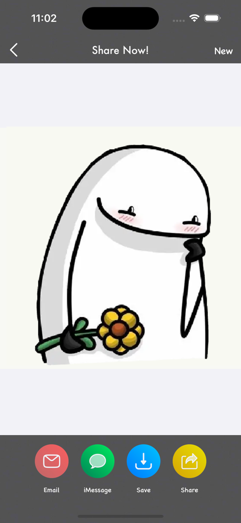 Sticker de flork sonrojado sosteniendo una flor en la pantalla para compartir de la app