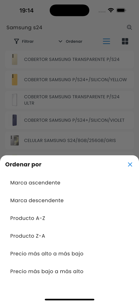 DIUNSA HN - DIUNSA HN app showing search results for Samsung phones and a sort options menu