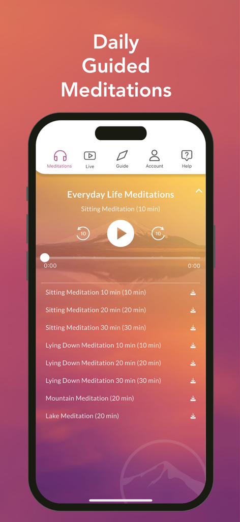 Jon Kabat-Zinn JKZ Meditations - JKZ Meditations app interface showing a list of daily guided mindfulness sessions