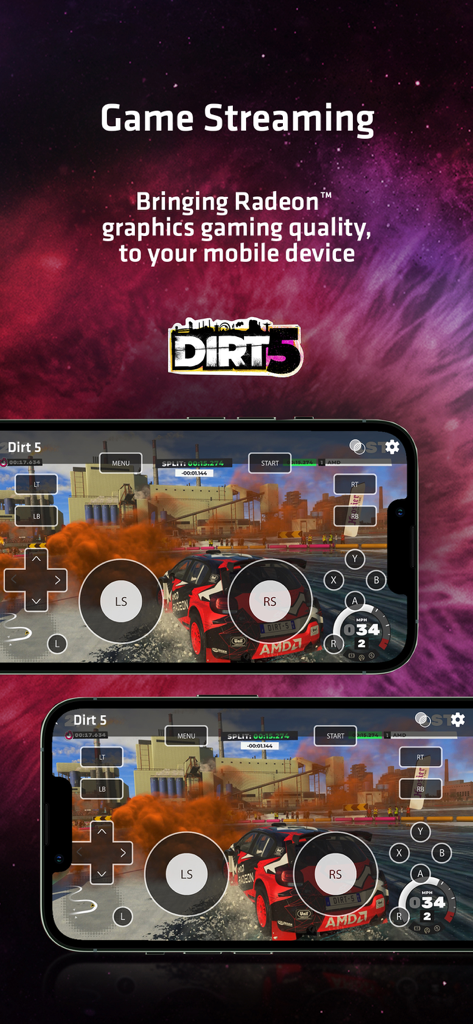 AMD Link app interface showing DIRT 5 being streamed from a Radeon RX 7000 GPU to mobile phones.