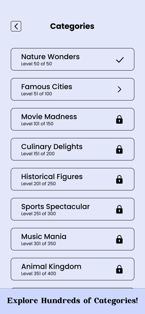 Word Search - Super Hard - Menú de categorías de puzles en la aplicación Word Search Super Hard, incluyendo Maravillas de la Naturaleza y Ciudades Famosas.
