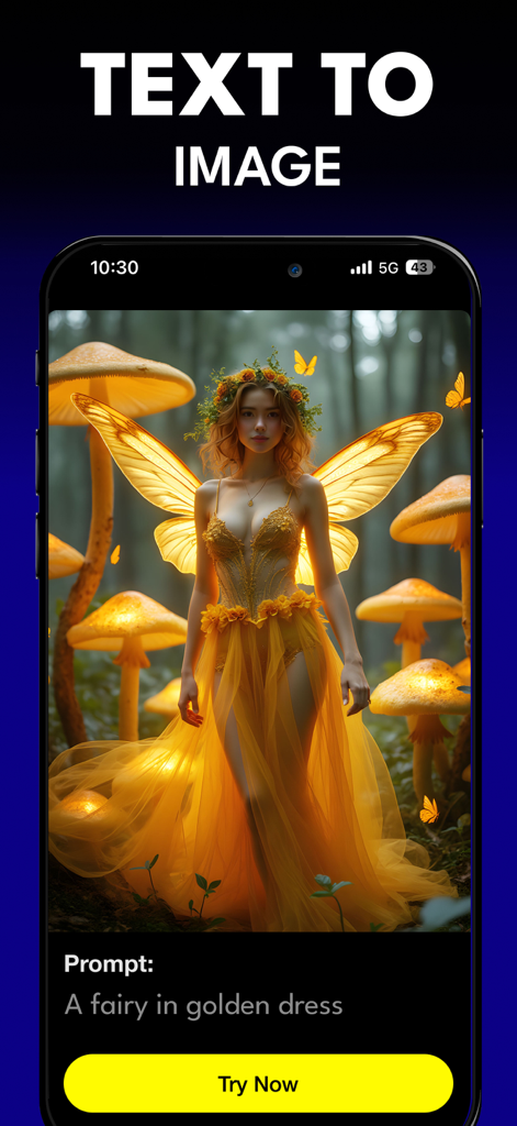 Tela do aplicativo AI Image Maker Pro mostrando um prompt de texto gerando uma imagem de uma fada em um vestido dourado