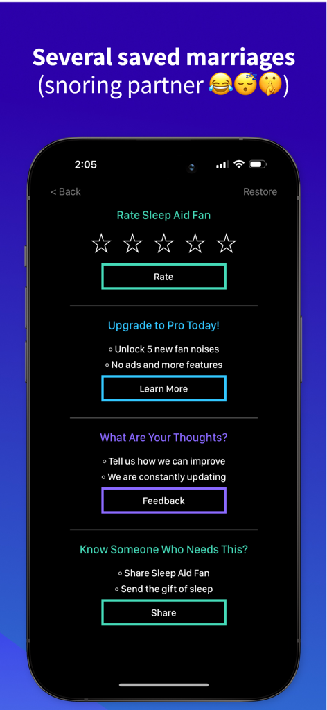 Sleep Aid Fan - White Noise - iPhone screen displaying the settings menu for Sleep Aid Fan including options to rate upgrade to pro and provide feedback