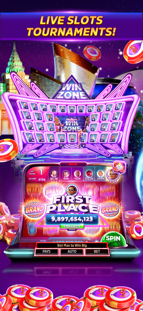 POP! Slots™ - Schermata di gioco del torneo live di POP Slots che mostra una vittoria al primo posto e un enorme jackpot